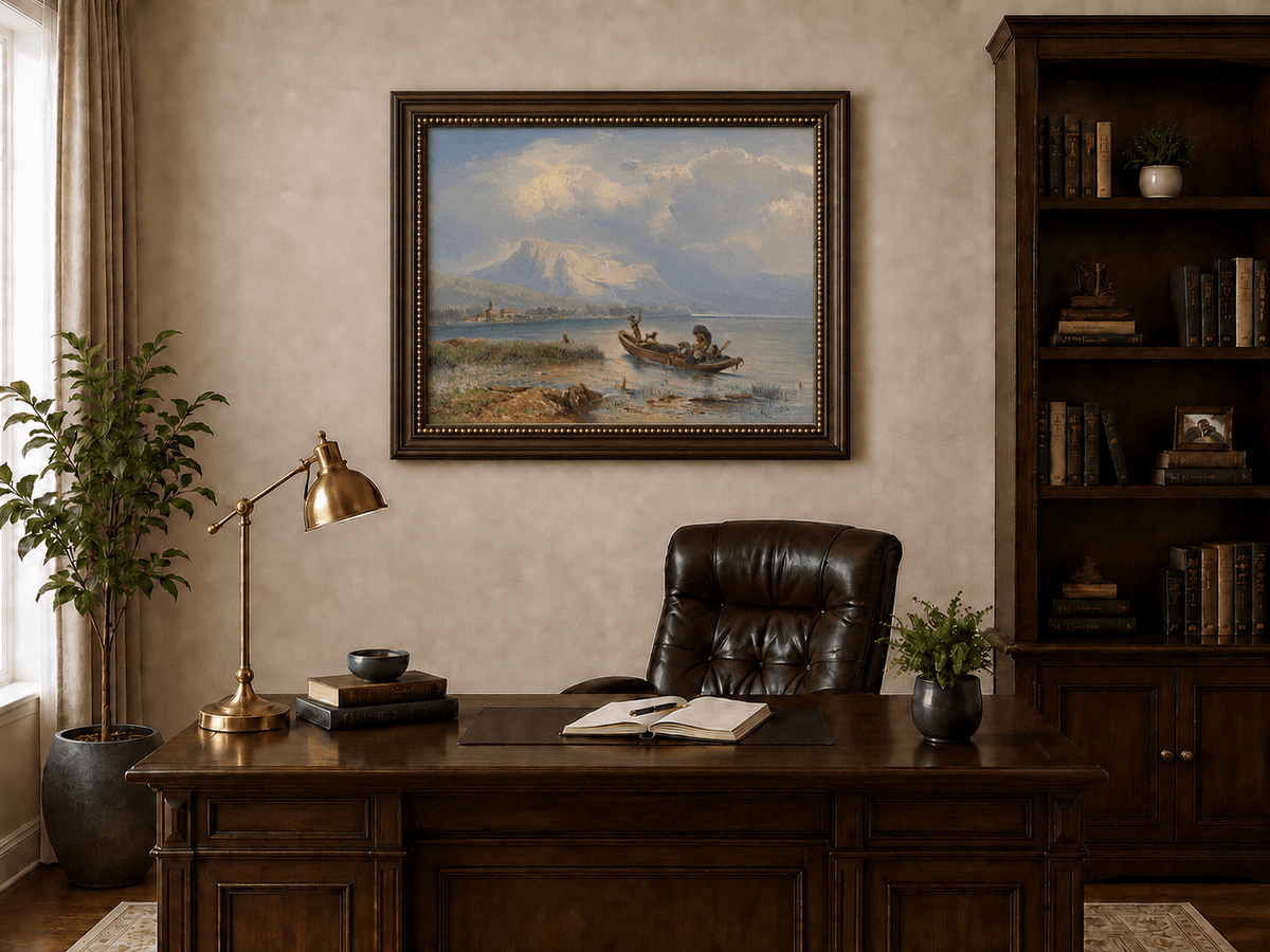 Pintura al óleo de paisaje - Barco en un lago tranquilo con vista a la montaña