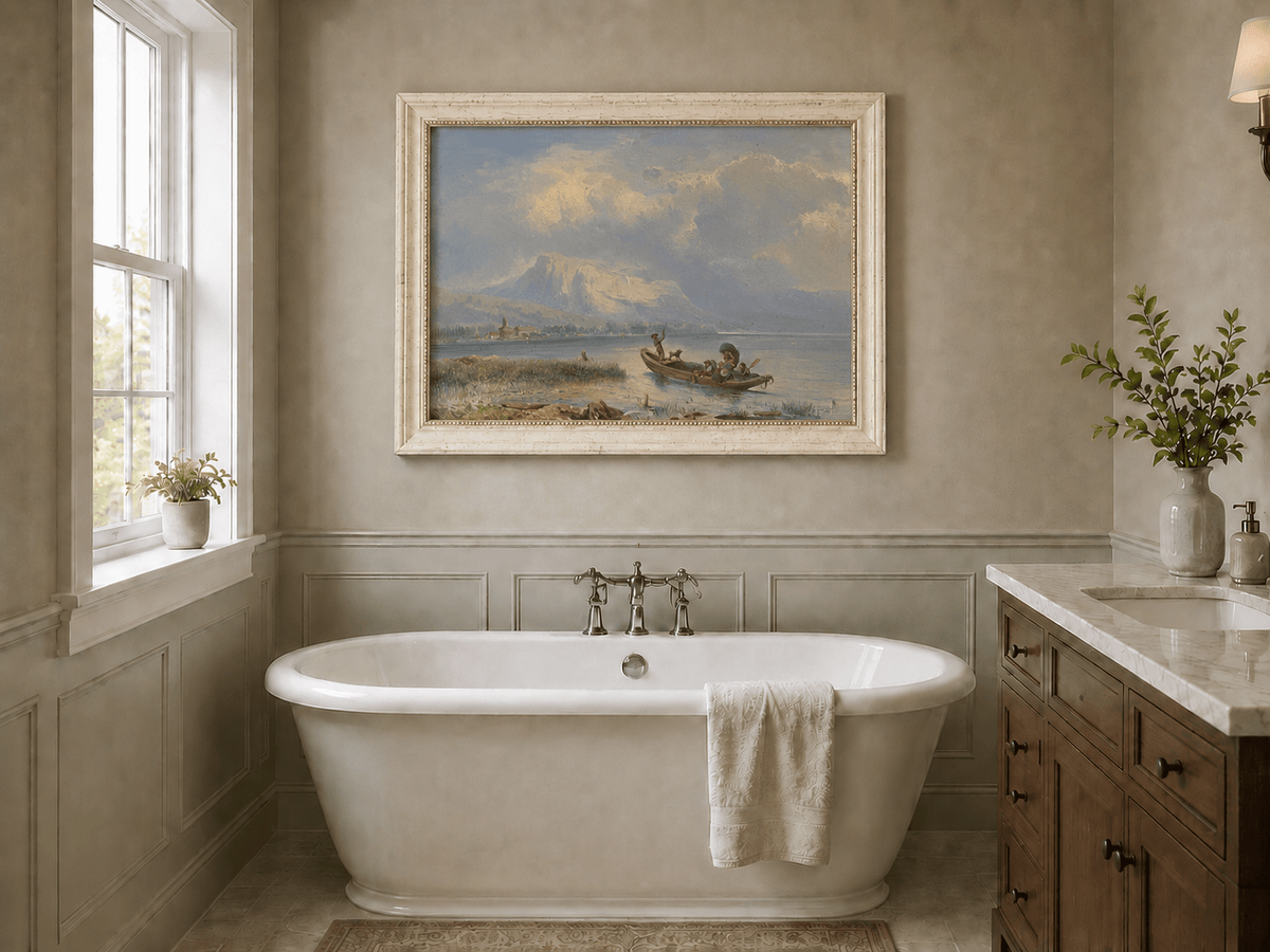 Pintura al óleo de paisaje - Barco en un lago tranquilo con vista a la montaña