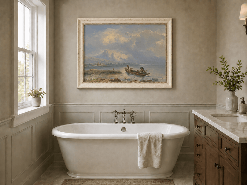 Pintura al óleo de paisaje - Barco en un lago tranquilo con vista a la montaña