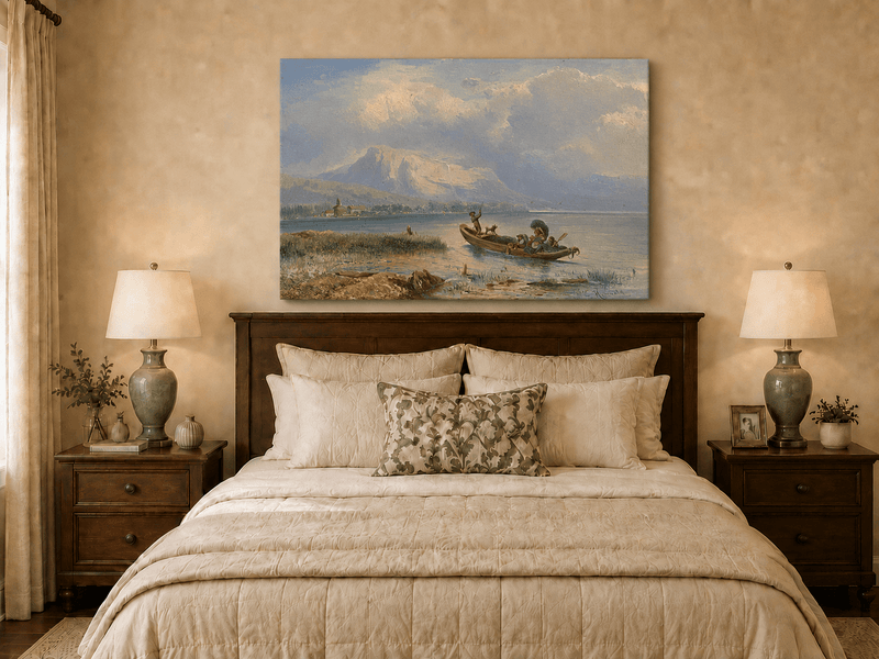 Pintura al óleo de paisaje - Barco en un lago tranquilo con vista a la montaña