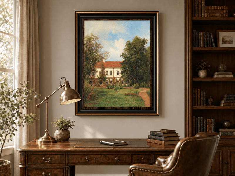 Peinture à l'huile de paysage - Rivière printanière avec pêcheur et arbres