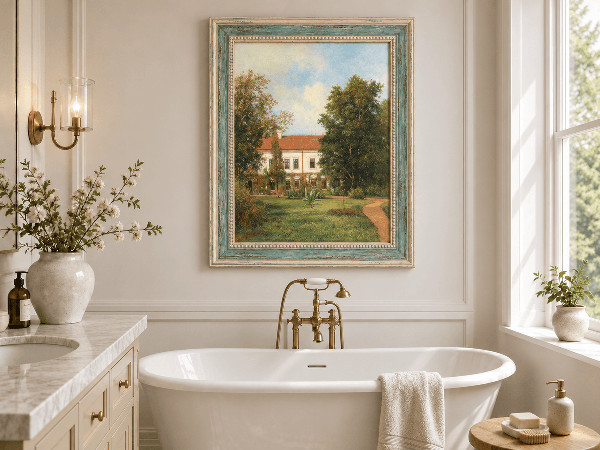 Peinture à l'huile de paysage - Rivière printanière avec pêcheur et arbres