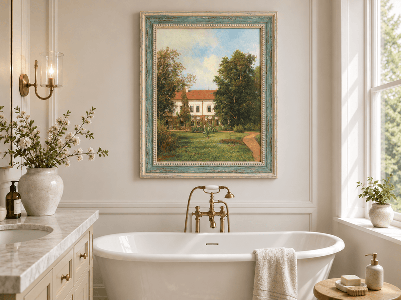 Peinture à l'huile de paysage - Rivière printanière avec pêcheur et arbres
