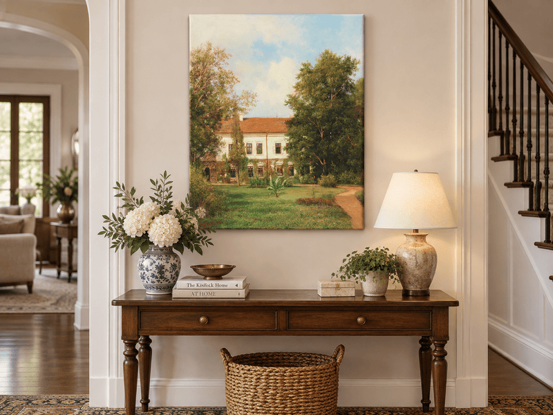 Peinture à l'huile de paysage - Rivière printanière avec pêcheur et arbres
