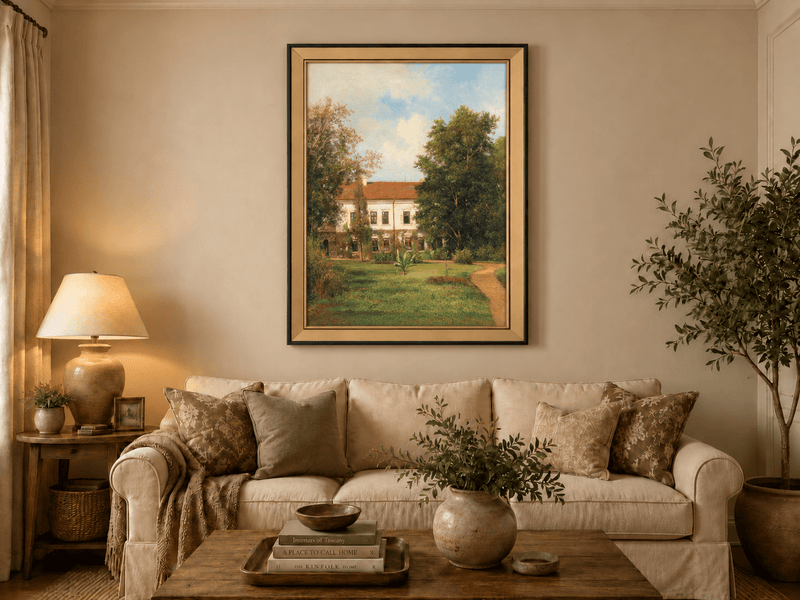 Peinture à l'huile de paysage - Rivière printanière avec pêcheur et arbres