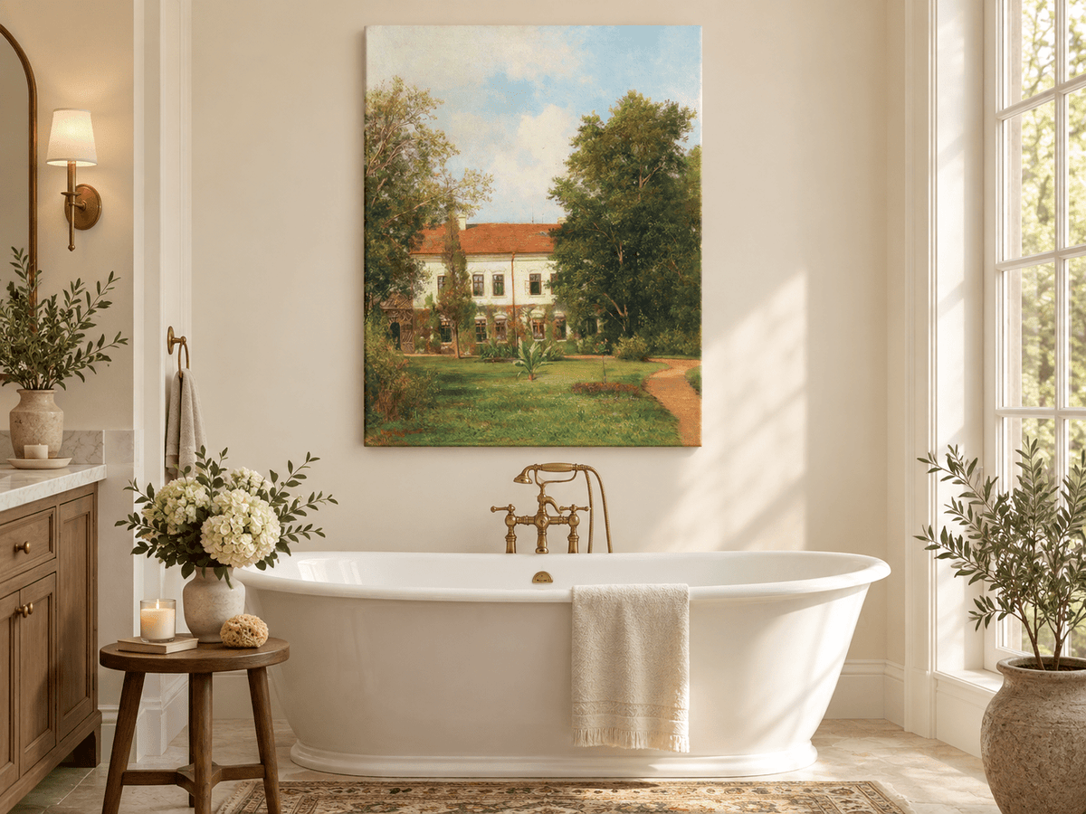 Peinture à l'huile de paysage - Rivière printanière avec pêcheur et arbres