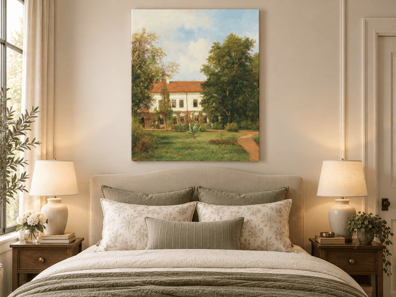 Peinture à l'huile de paysage - Rivière printanière avec pêcheur et arbres