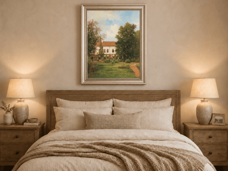 Peinture à l'huile de paysage - Rivière printanière avec pêcheur et arbres