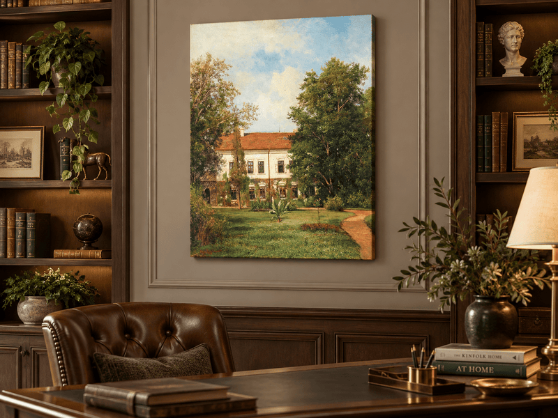 Peinture à l'huile de paysage - Rivière printanière avec pêcheur et arbres