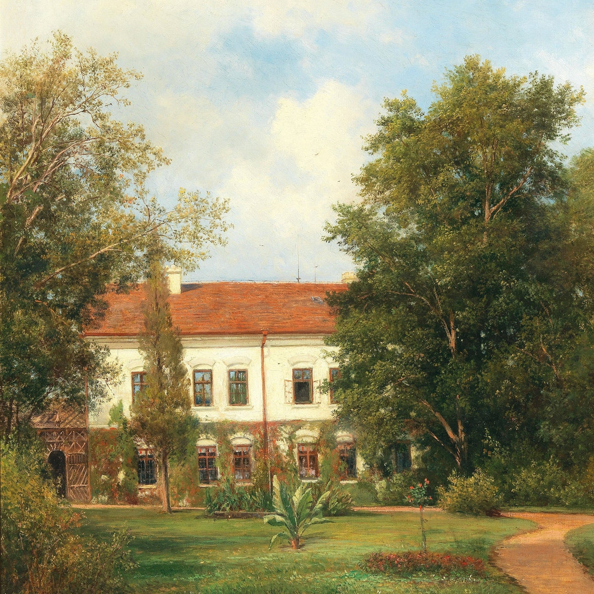 Hand-painted bohemian castle garden with red roof landscape oil painting on canvas