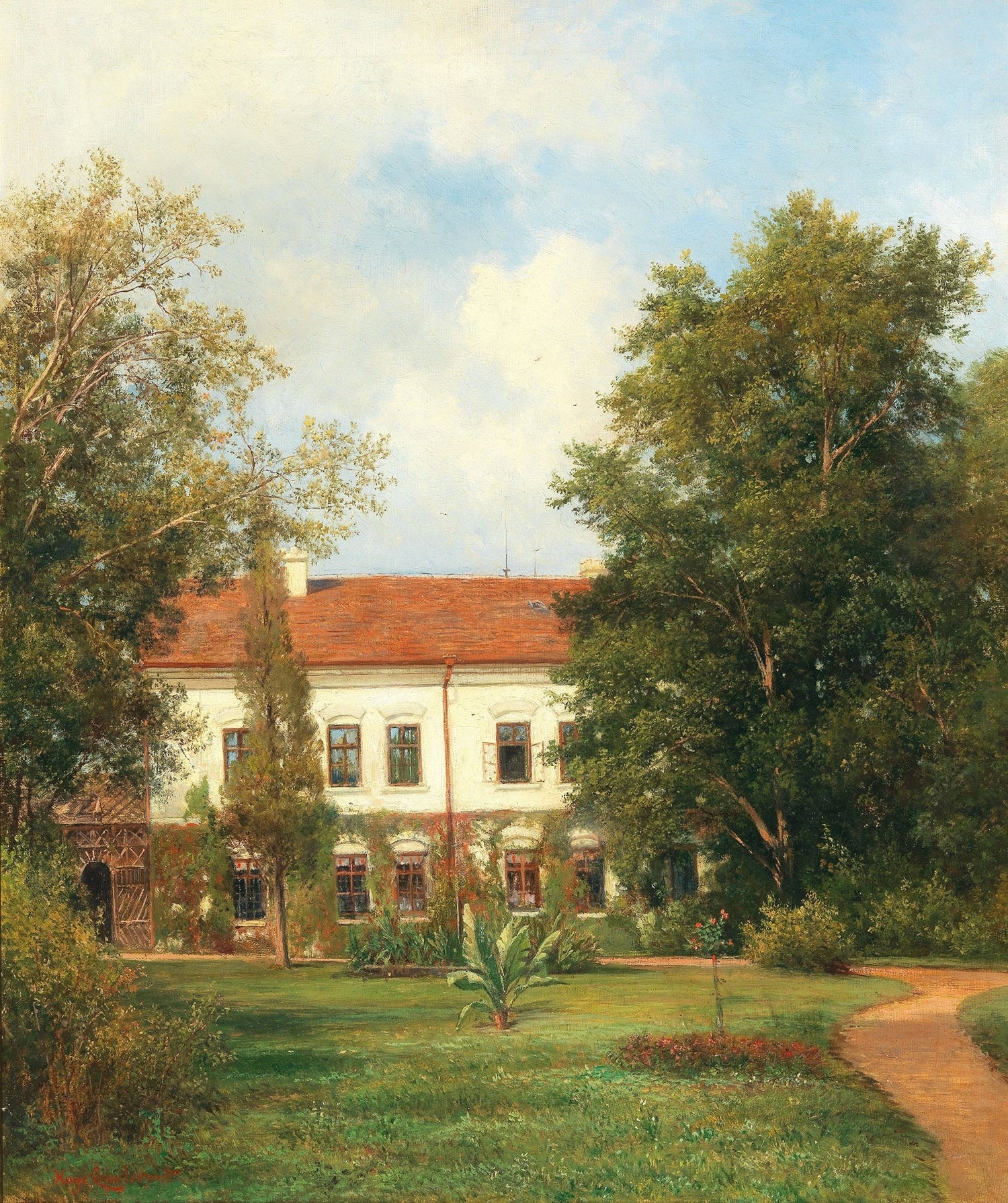 Landscape Oil Painting - Bohemian Castle Garden with Red Roof - Oil Painting Haven