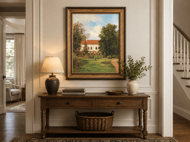 Peinture à l'huile de paysage - Rivière printanière avec pêcheur et arbres