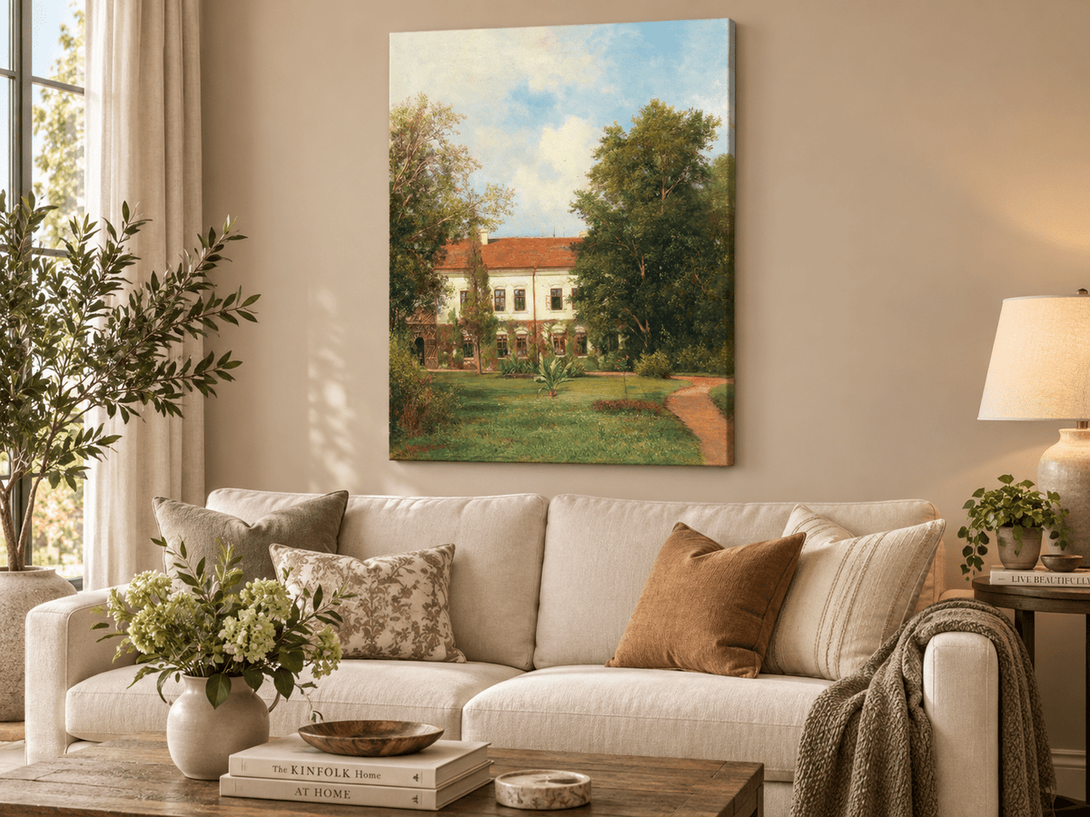 Peinture à l'huile de paysage - Rivière printanière avec pêcheur et arbres