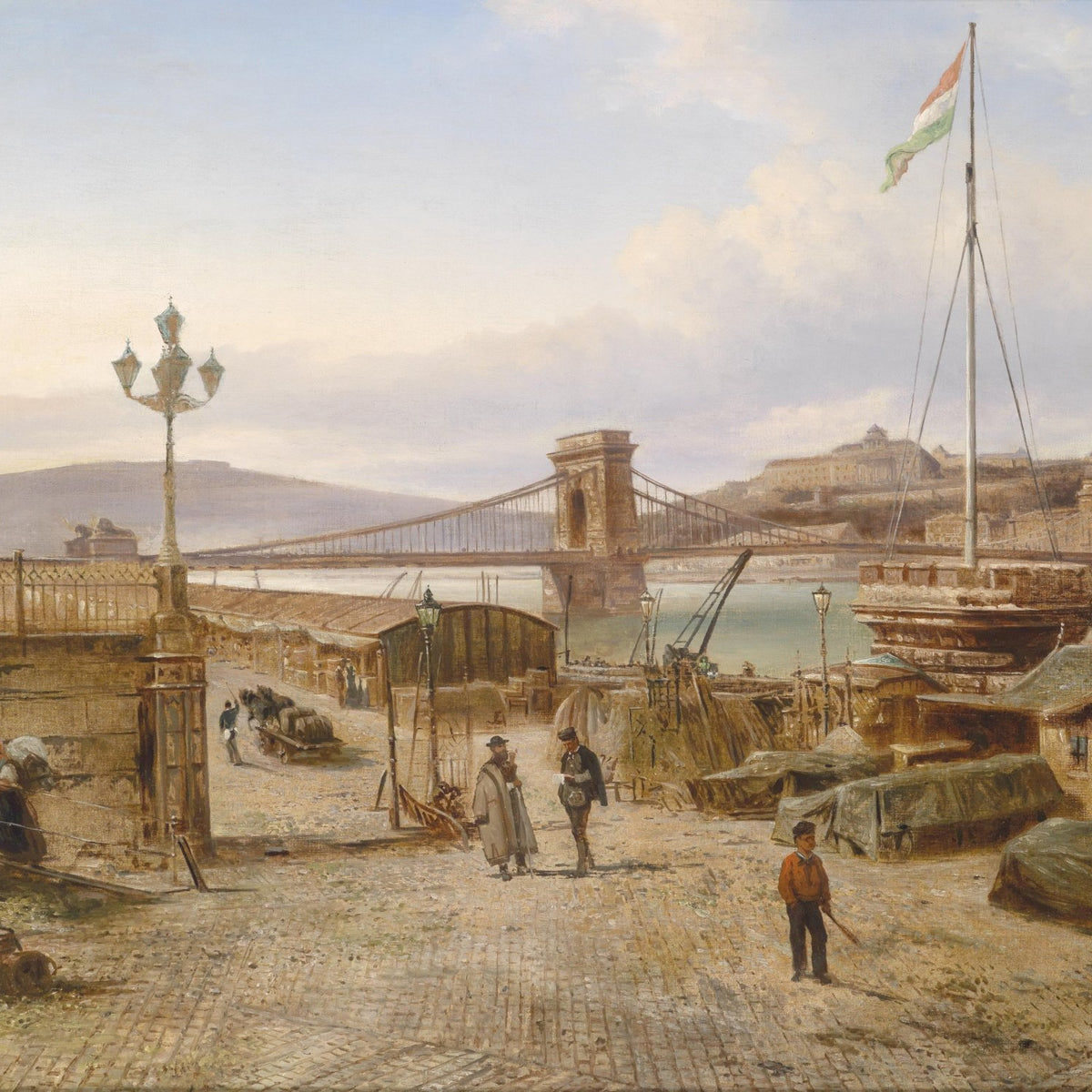Landscape Oil Painting - Budapest Port: Chain Bridge, Castle Hill & Flag - Oil Painting Haven