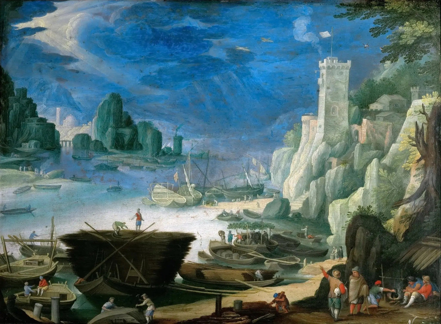 Landscape Oil Painting - Busy Harbor with Ships & Figures - Oil Painting Haven