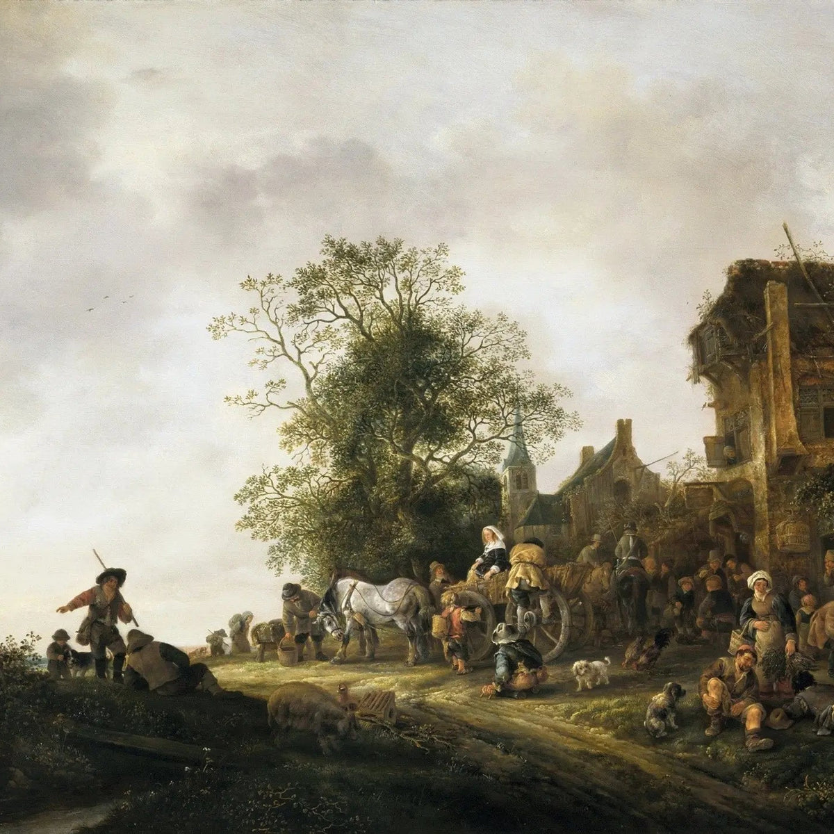 Landscape Oil Painting - Busy Rural Inn with Figures & Animals - Oil Painting Haven