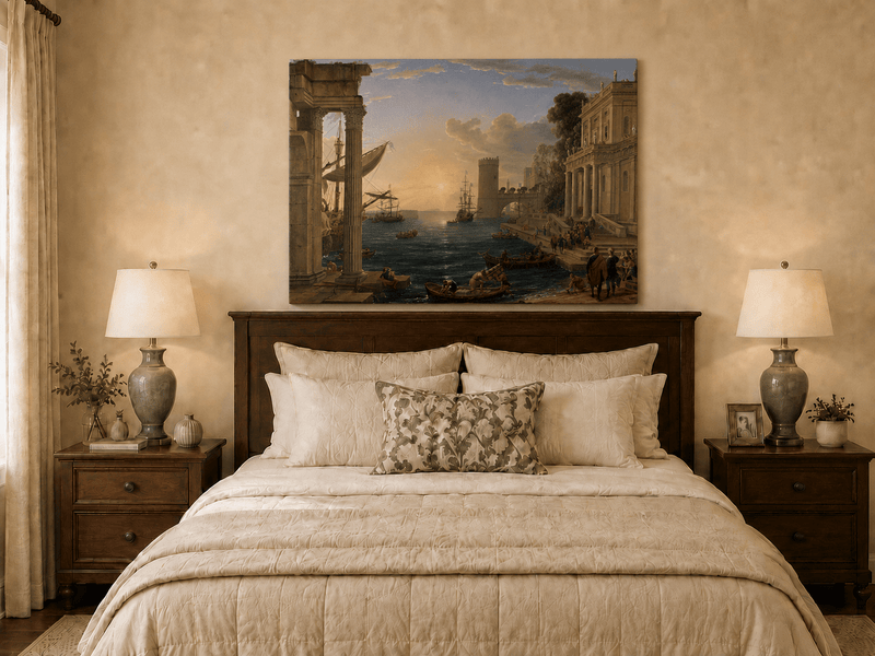 Peinture à l'huile de paysage - Port animé avec ruines antiques et navires
