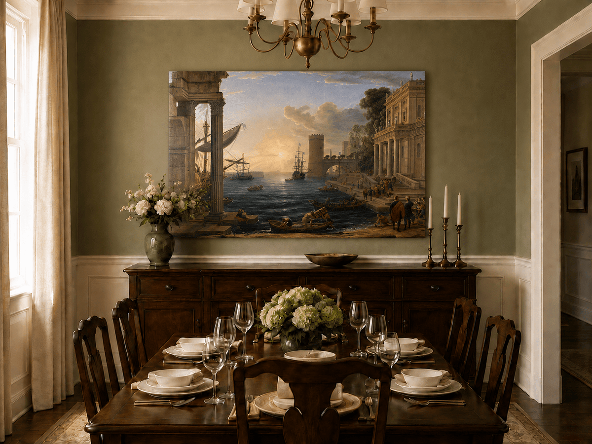 Peinture à l'huile de paysage - Port animé avec ruines antiques et navires