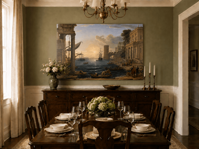 Peinture à l'huile de paysage - Port animé avec ruines antiques et navires