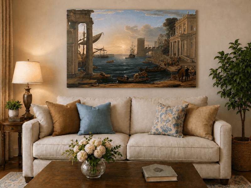 Peinture à l'huile de paysage - Port animé avec ruines antiques et navires