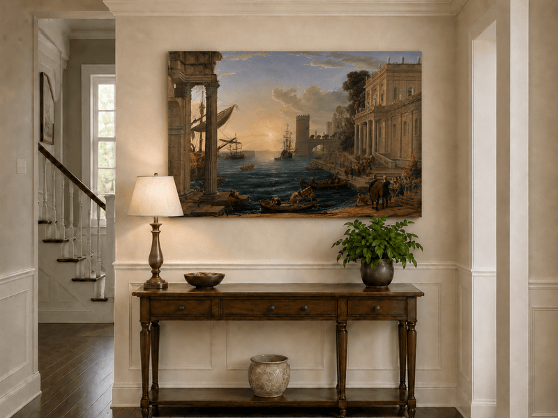 Peinture à l'huile de paysage - Port animé avec ruines antiques et navires