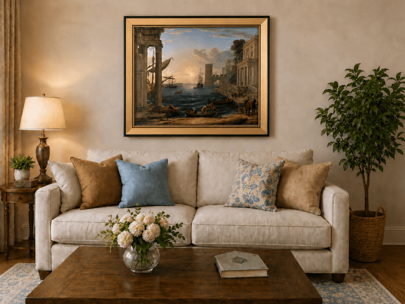 Peinture à l'huile de paysage - Port animé avec ruines antiques et navires