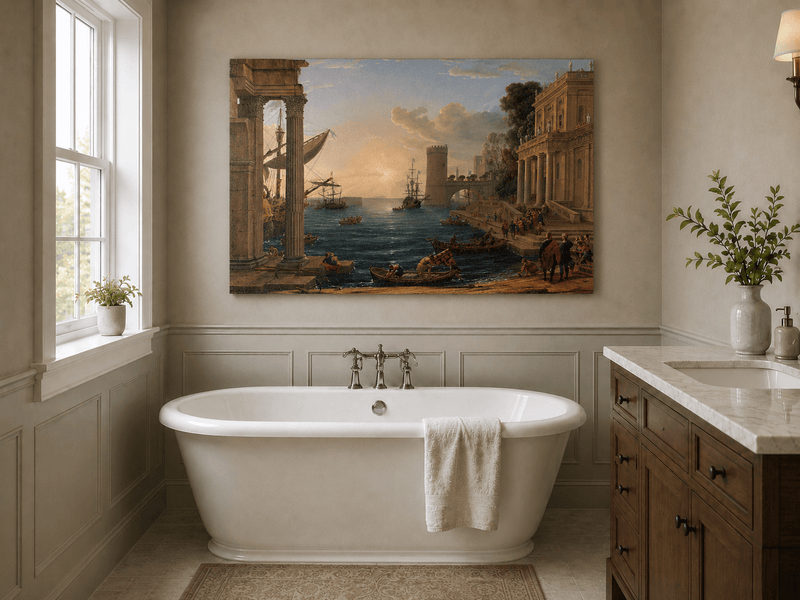Peinture à l'huile de paysage - Port animé avec ruines antiques et navires