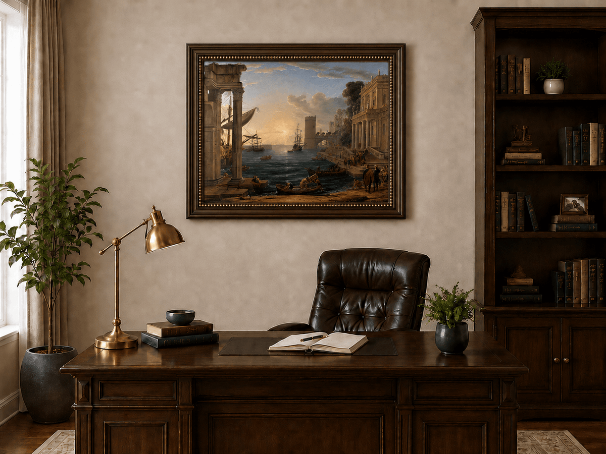Peinture à l'huile de paysage - Port animé avec ruines antiques et navires