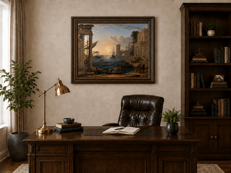 Peinture à l'huile de paysage - Port animé avec ruines antiques et navires