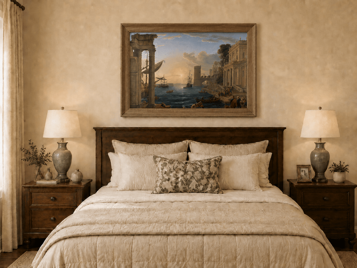 Peinture à l'huile de paysage - Port animé avec ruines antiques et navires