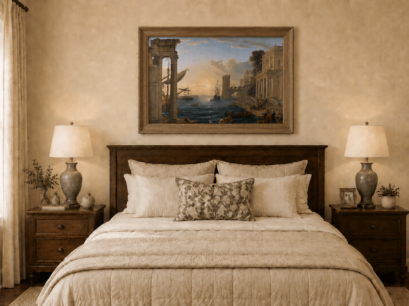 Peinture à l'huile de paysage - Port animé avec ruines antiques et navires