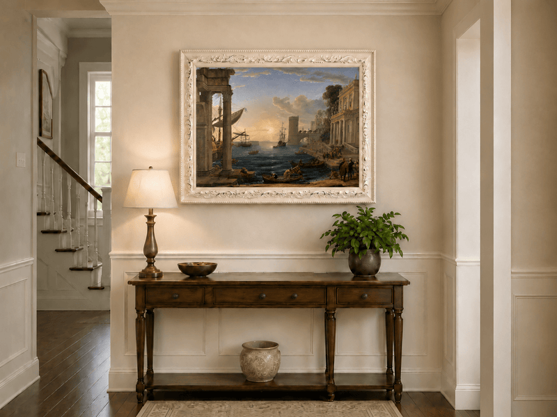 Peinture à l'huile de paysage - Port animé avec ruines antiques et navires