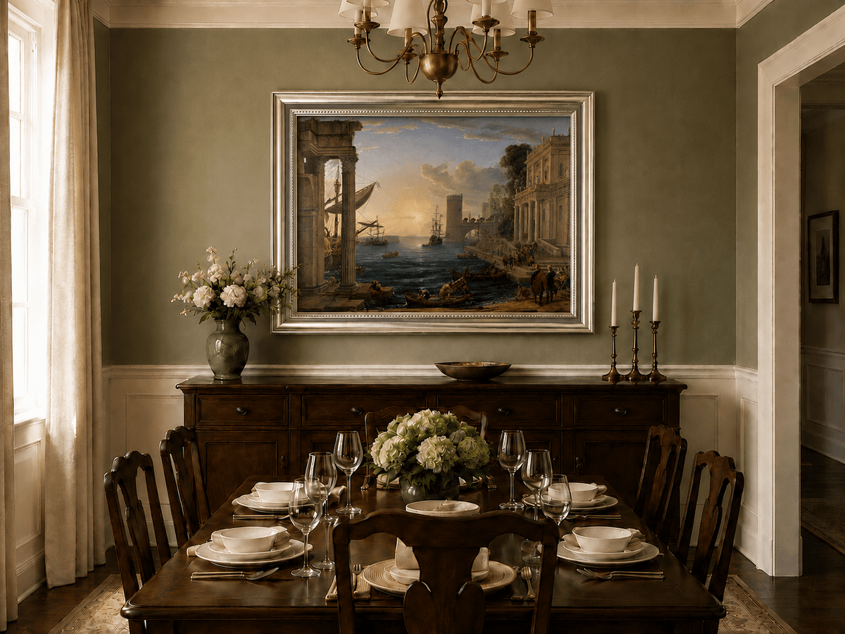 Peinture à l'huile de paysage - Port animé avec ruines antiques et navires