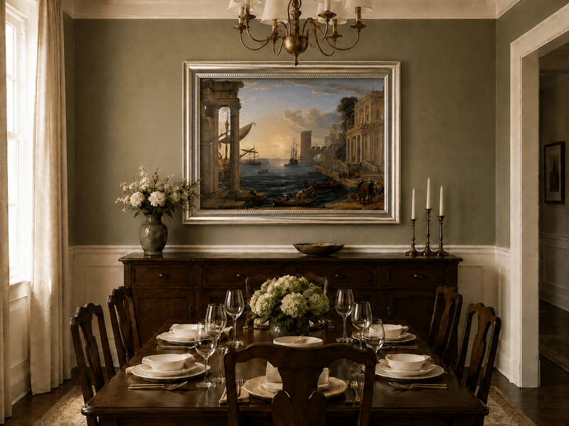 Peinture à l'huile de paysage - Port animé avec ruines antiques et navires