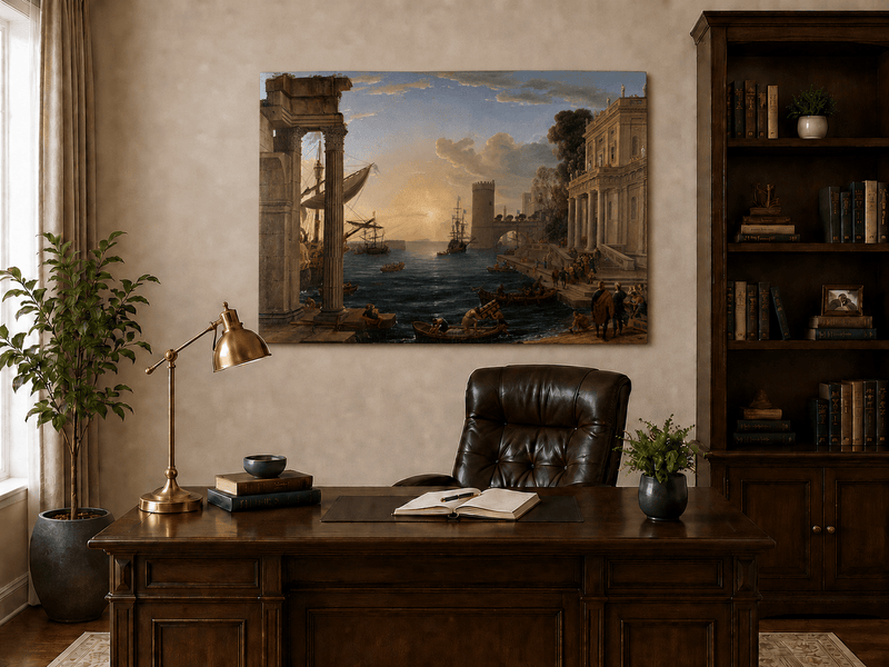 Peinture à l'huile de paysage - Port animé avec ruines antiques et navires