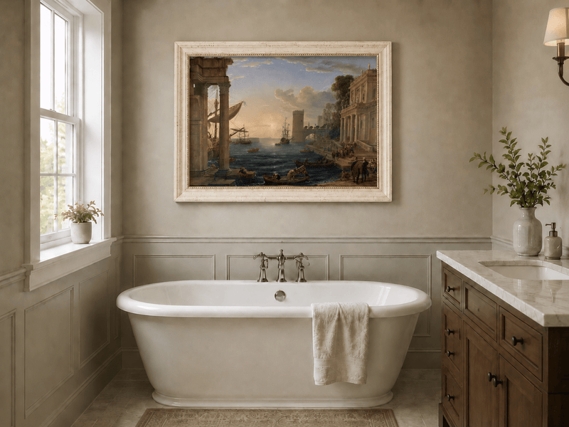 Peinture à l'huile de paysage - Port animé avec ruines antiques et navires