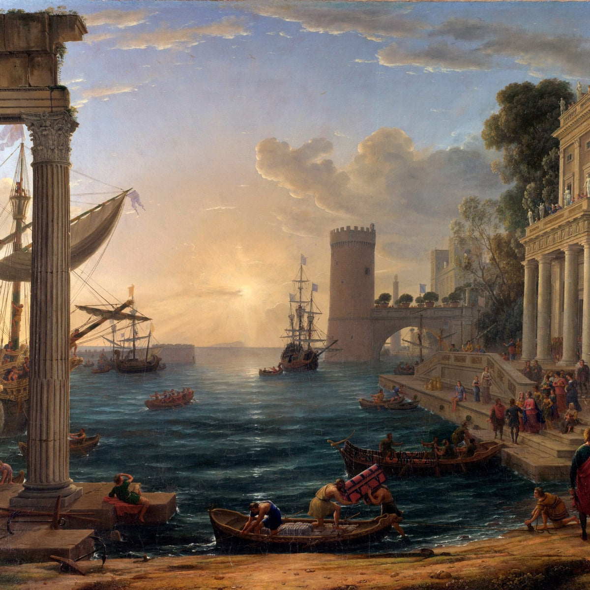 Landscape Oil Painting - Busy Seaport with Ancient Ruins and Ships Wall Art - Oil Painting Haven