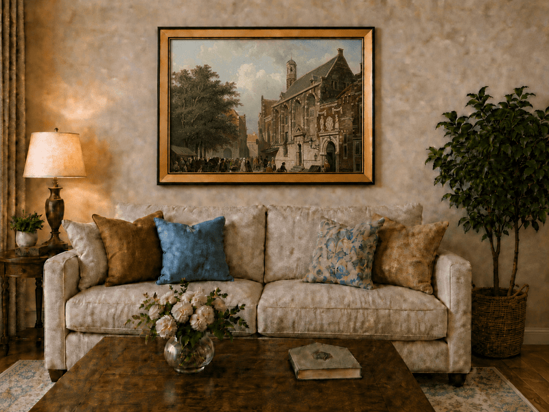 Pintura al óleo de paisaje: calle concurrida con edificios históricos