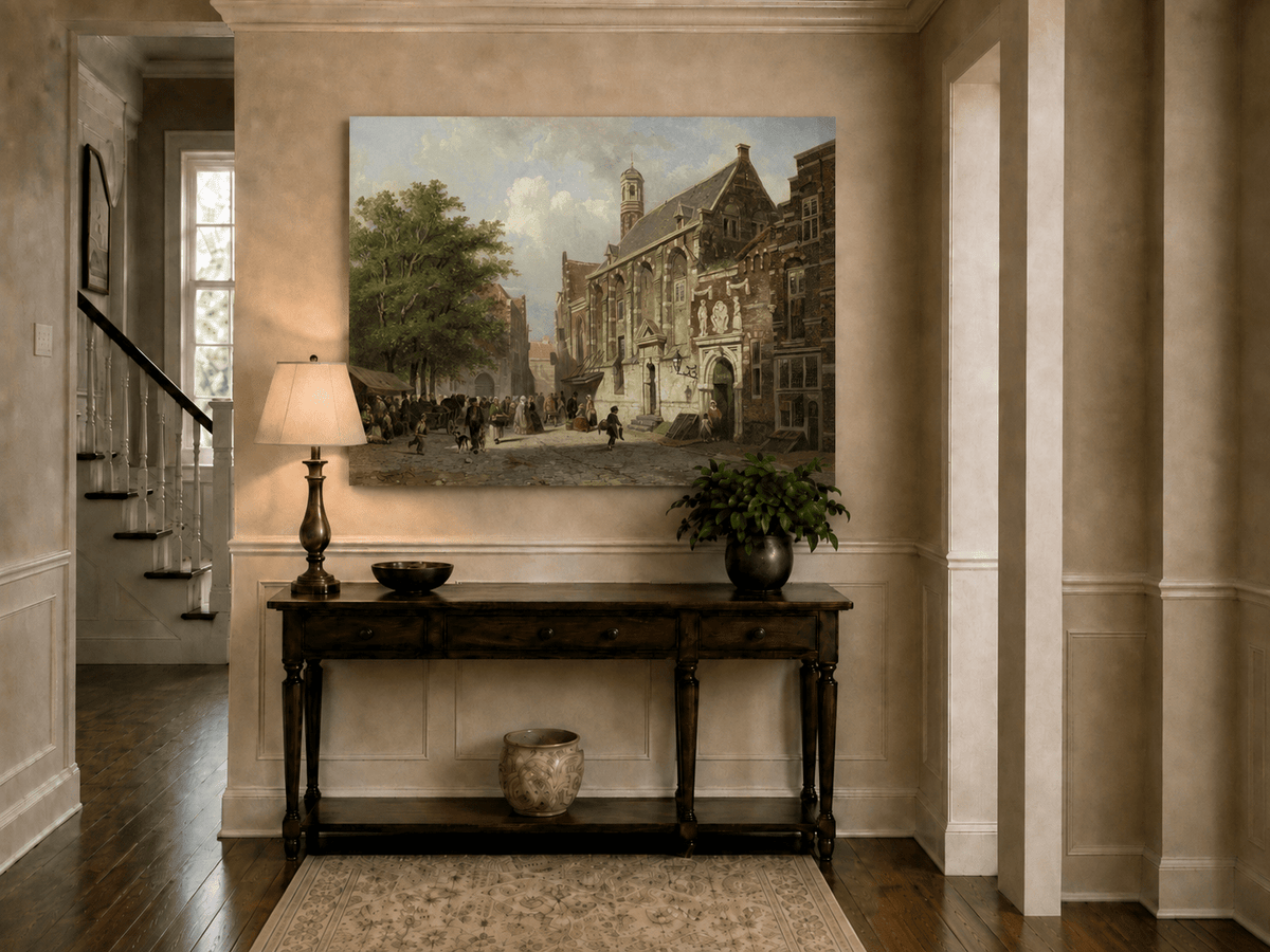 Pintura al óleo de paisaje: calle concurrida con edificios históricos