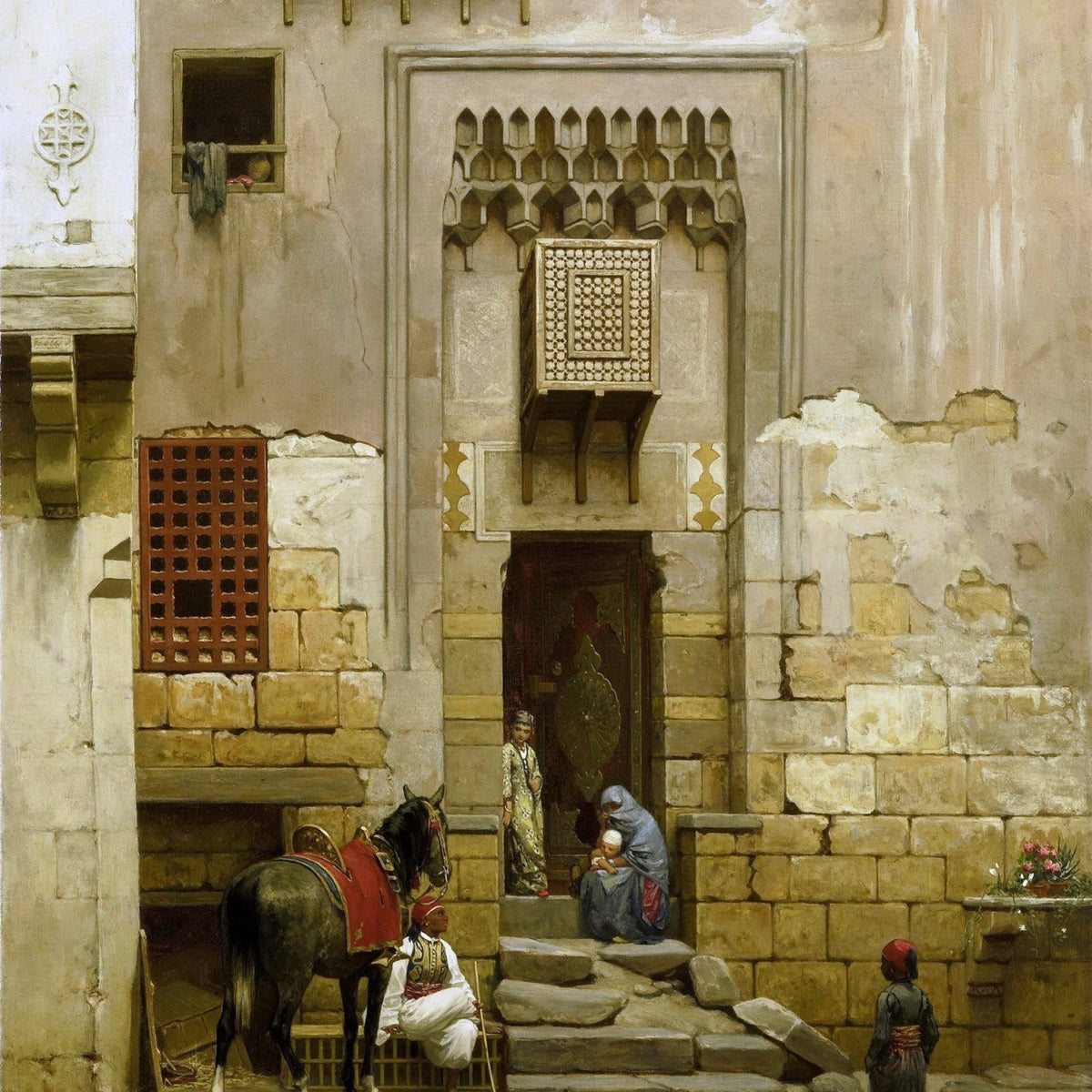 Landscape Oil Painting - Cairo Courtyard Entrance with Figures - Oil Painting Haven