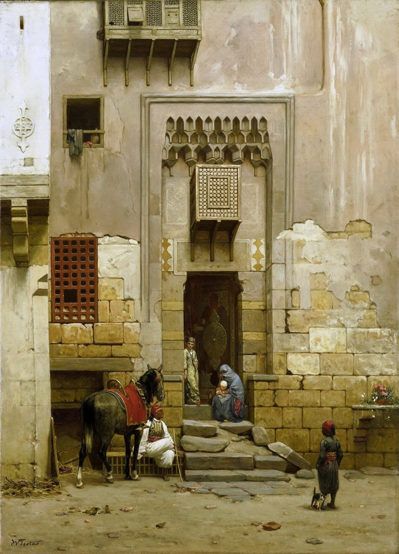 Landscape Oil Painting - Cairo Courtyard Entrance with Figures - Oil Painting Haven