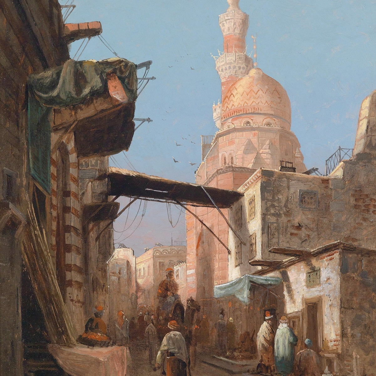 Hand-painted cairo street mosque and market scene landscape oil painting on canvas