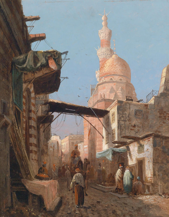 Hand-painted cairo street mosque and market scene landscape oil painting on canvas