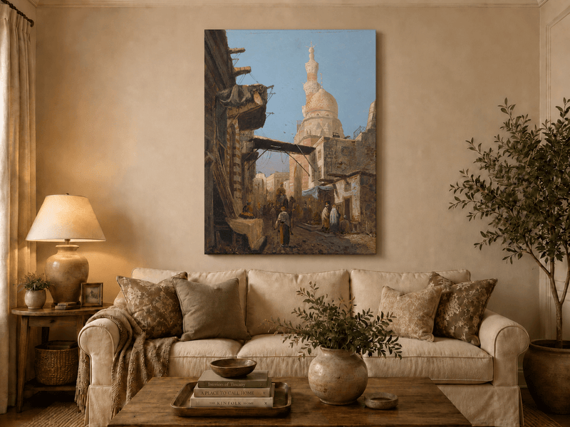 Landscape Oil Painting - Cairo Street Mosque and Market Scene