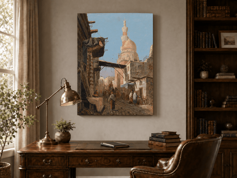 Landscape Oil Painting - Cairo Street Mosque and Market Scene