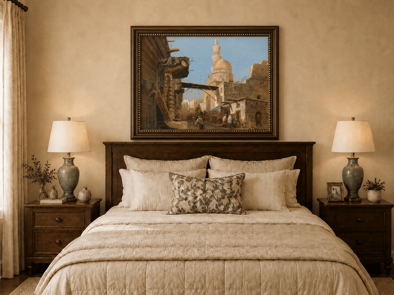 Landscape Oil Painting - Cairo Street Mosque and Market Scene