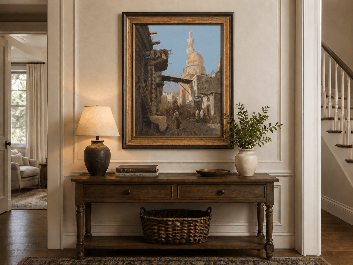 Landscape Oil Painting - Cairo Street Mosque and Market Scene