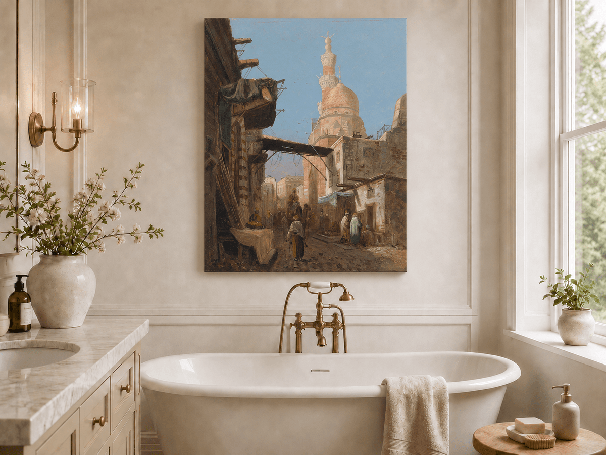 Landscape Oil Painting - Cairo Street Mosque and Market Scene