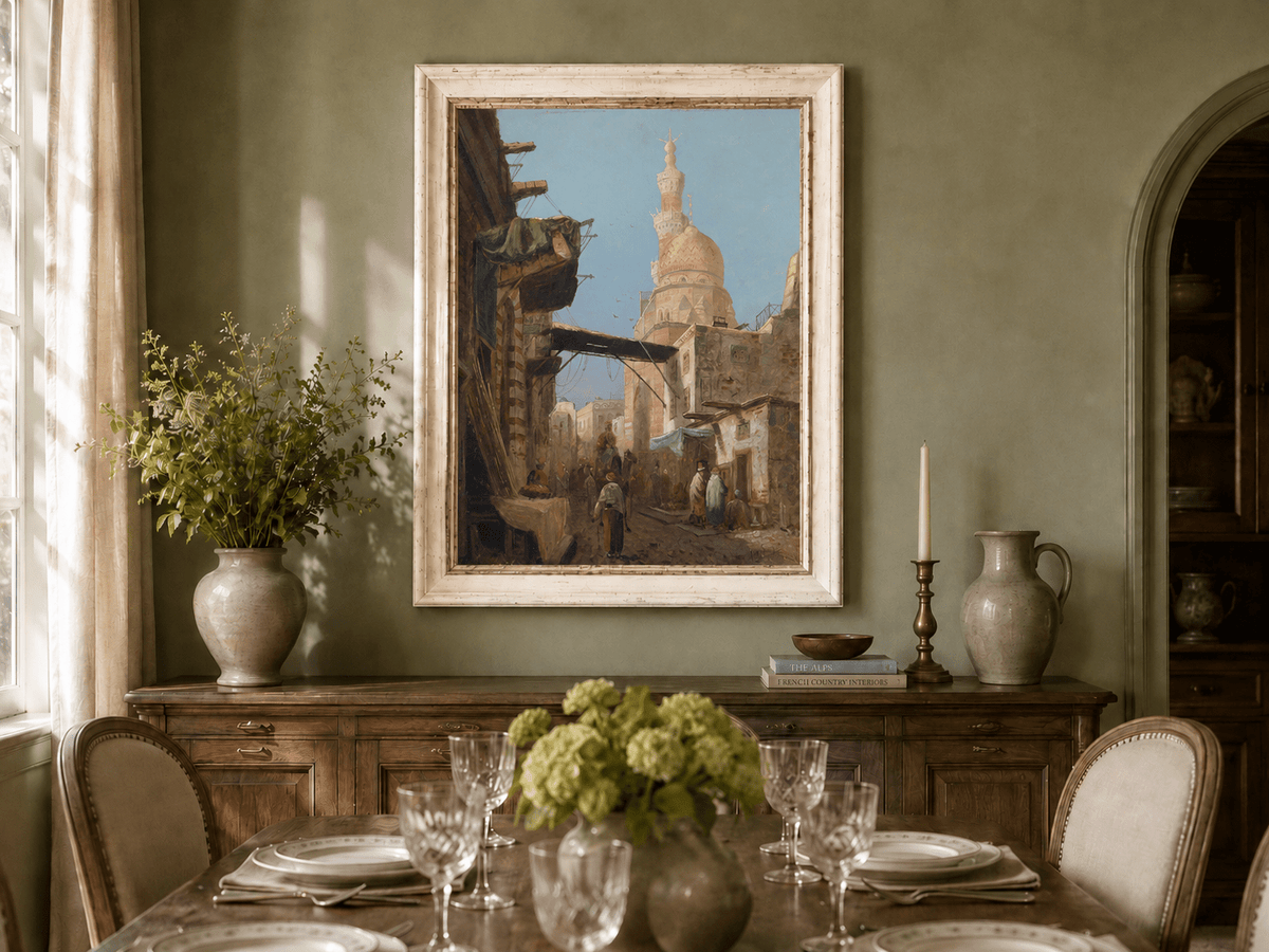 Landscape Oil Painting - Cairo Street Mosque and Market Scene
