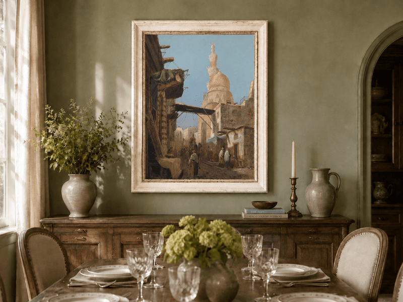 Landscape Oil Painting - Cairo Street Mosque and Market Scene